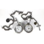 Two gentleman's silver open faced pocket watches and two silver watch chains