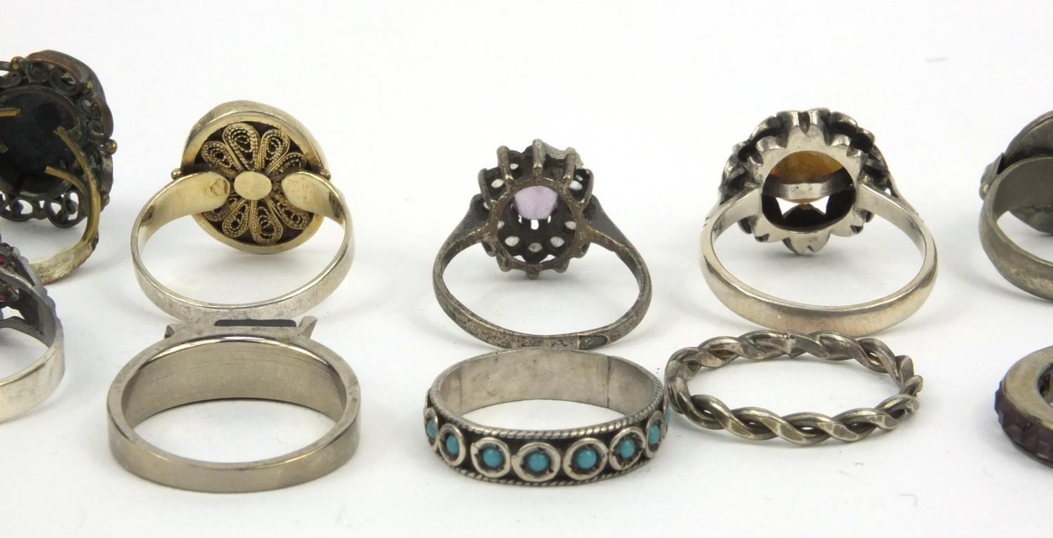 Collection of silver and white metal rings set with assorted stones, Wedgwood panels, etc, - Image 14 of 20