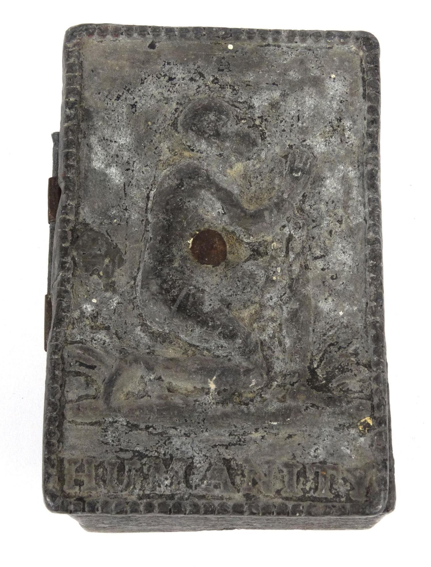 Antique lead slavery interest box, the top decorated with a man and marked 'Humanity', 13.5cm - Image 2 of 6