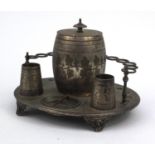 Victorian silver plated smoker's stand, tobacco jar, ashtray and pipe rack with engraved leaf