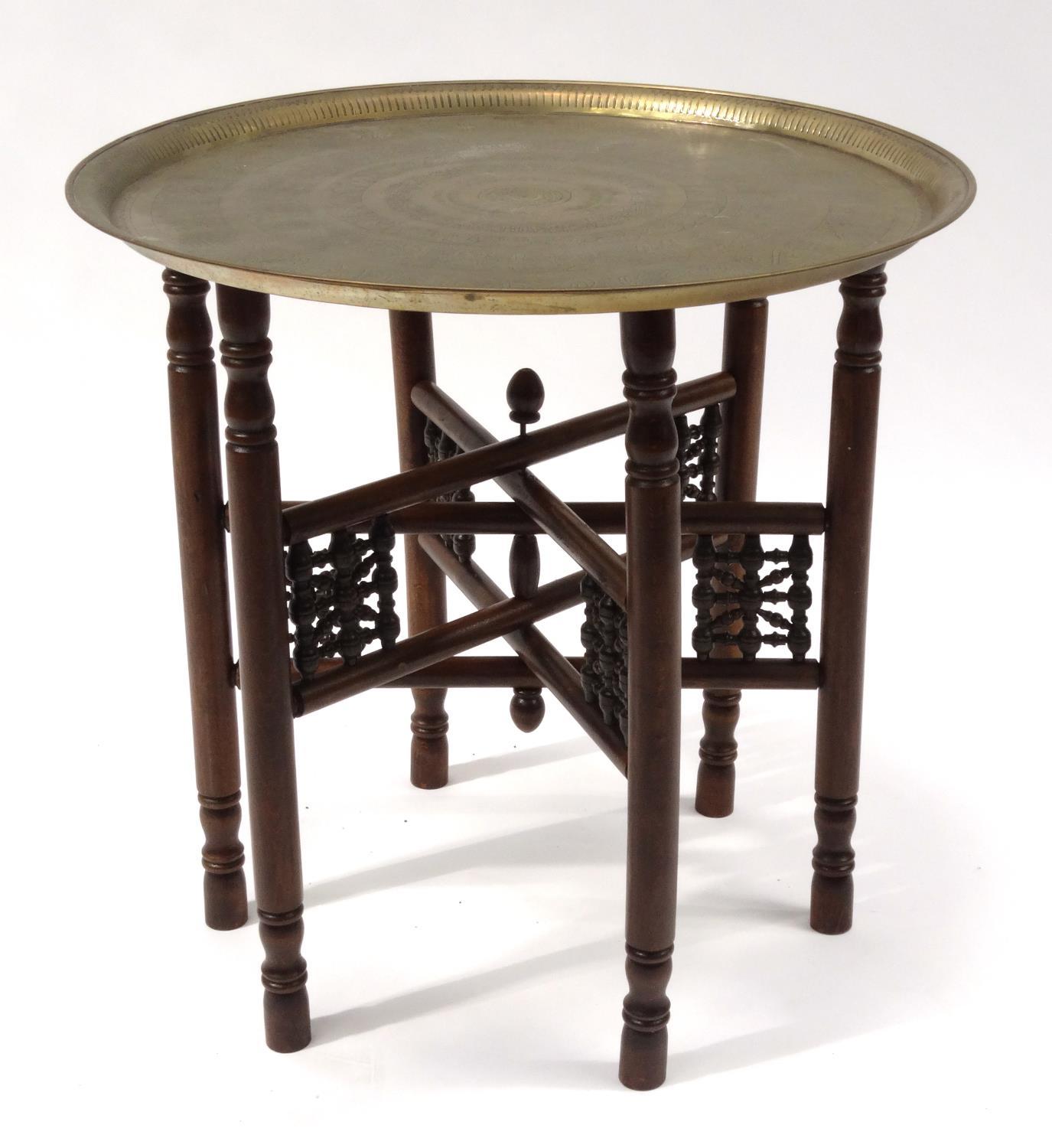 Middle Eastern brass tray topped circular occasional table decorated with figures and script, the - Image 3 of 9