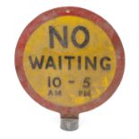 Automobilia interest painted vintage circular aluminium 'No Waiting 10am-5pm' sign, Relief Royal