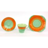 Art Deco Shelley green and orange drip ware trio, the cup 7cm high All are in generally good