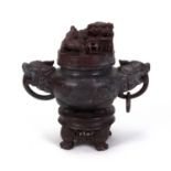 Oriental Chinese soapstone pot and cover carved with dragons and dogs of Foo, 16cm high