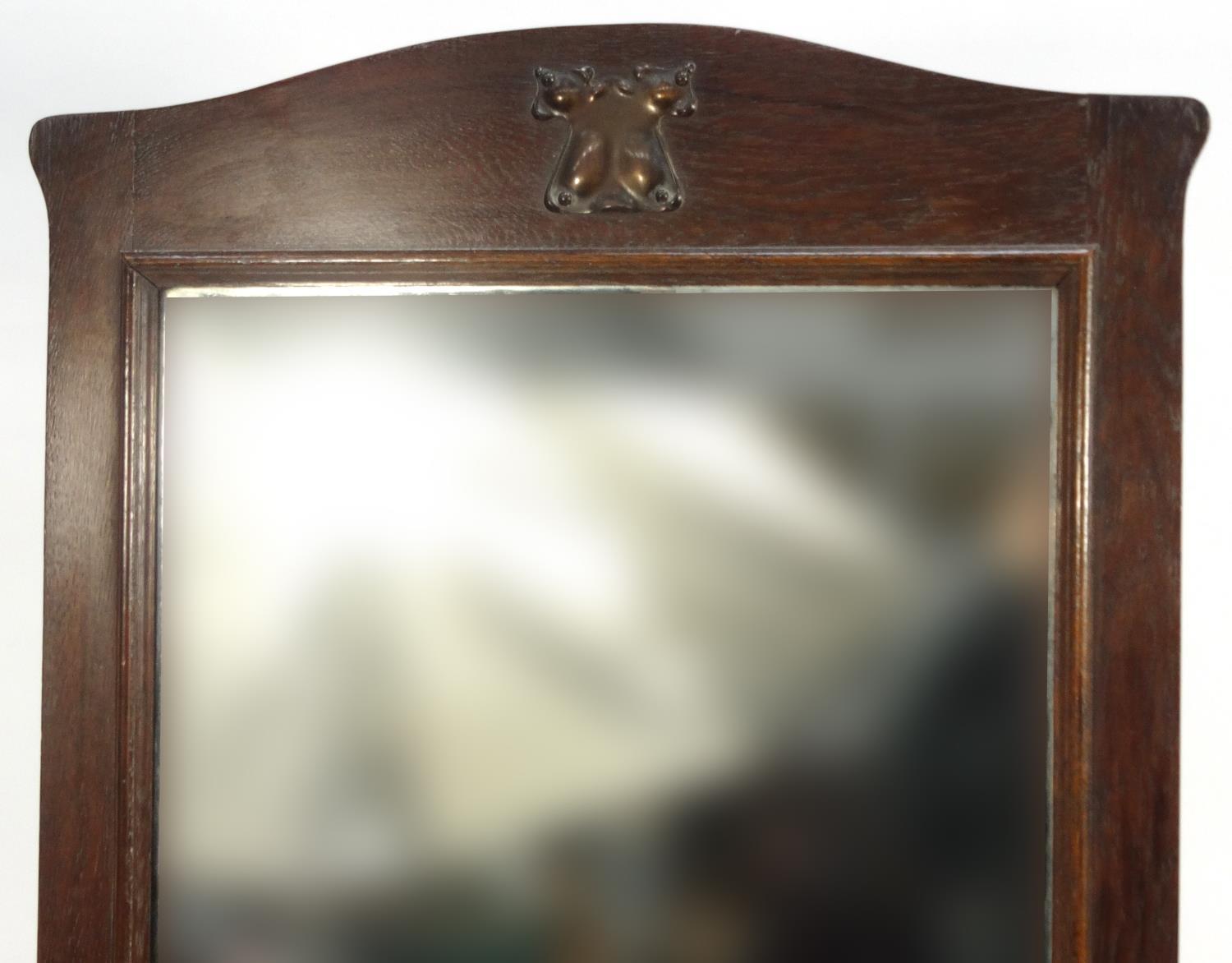Arts and crafts oak hall mirror with brass plaque and cupboard base, 180cm high x 61cm wide x 43cm - Image 4 of 5