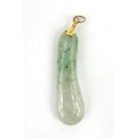 Oriental Chinese green jade pendant with gold coloured metal mount, 5cm high, approximate weight