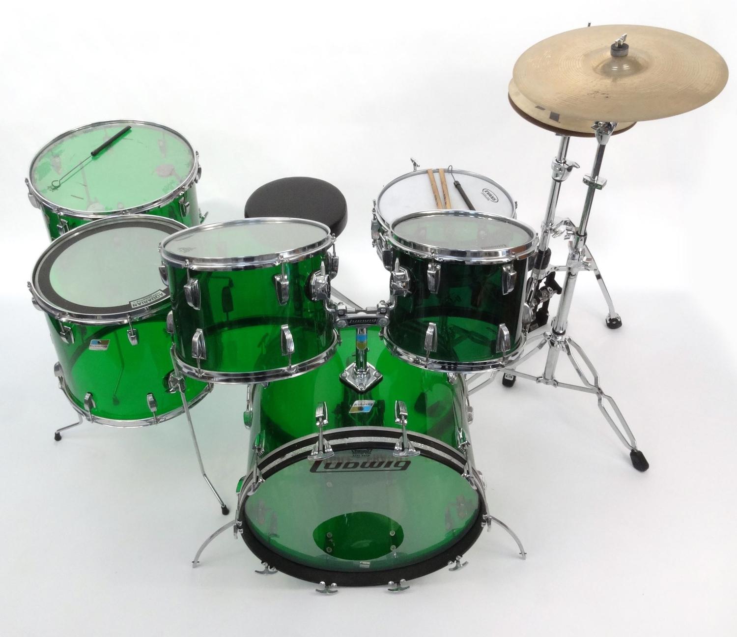 Five piece 1970s Ludwig green Vistalite drum kit comprising 22inch base drum, 12 and 14inch toms, 16 - Image 2 of 21