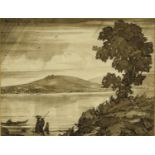 18th Century ink and watercolour of figures in a landscape, bearing a signature Henry Lefai, mounted