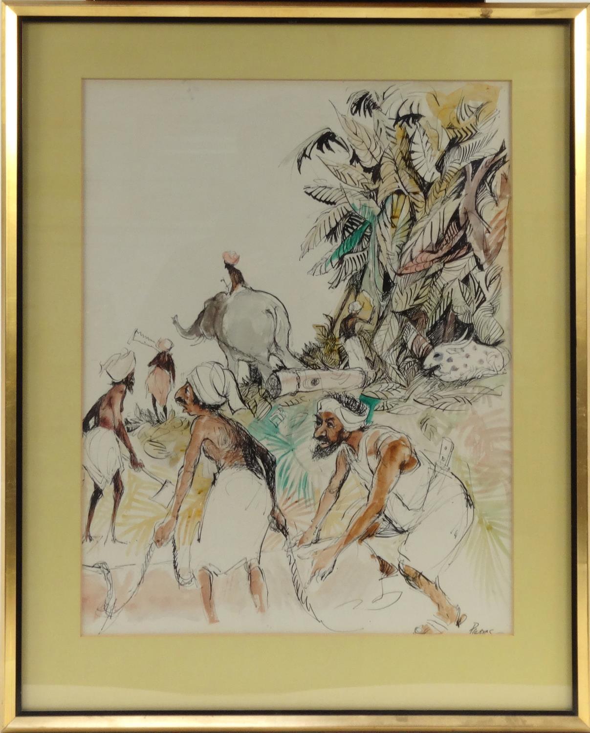 Pen and ink of a jungle scene with elephants, mounted and framed, with Penns Gallery label to the - Image 3 of 9