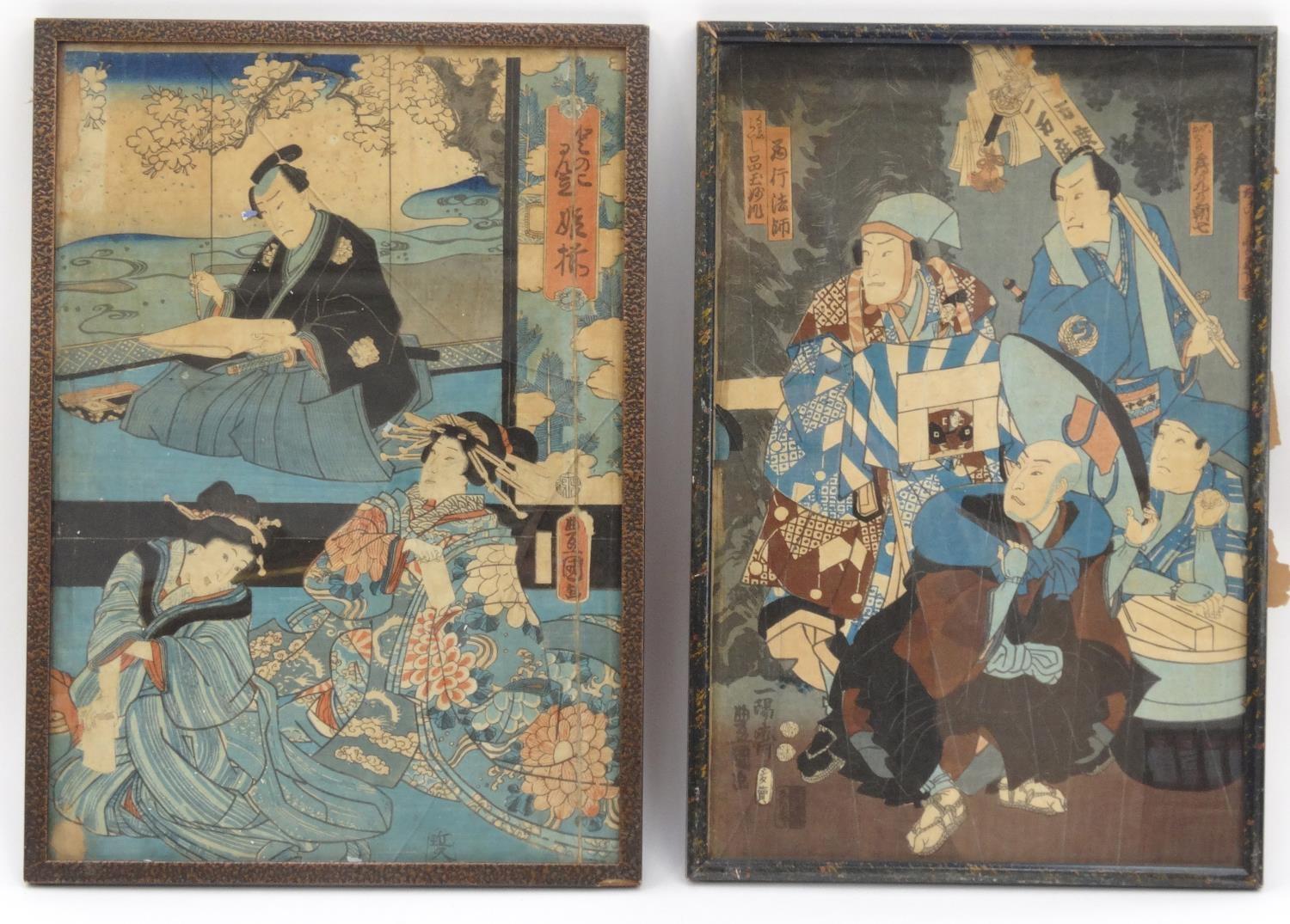 Two Japanese woodblock prints - one of warriors, the other of three geisha girls, both with