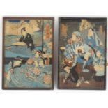 Two Japanese woodblock prints - one of warriors, the other of three geisha girls, both with