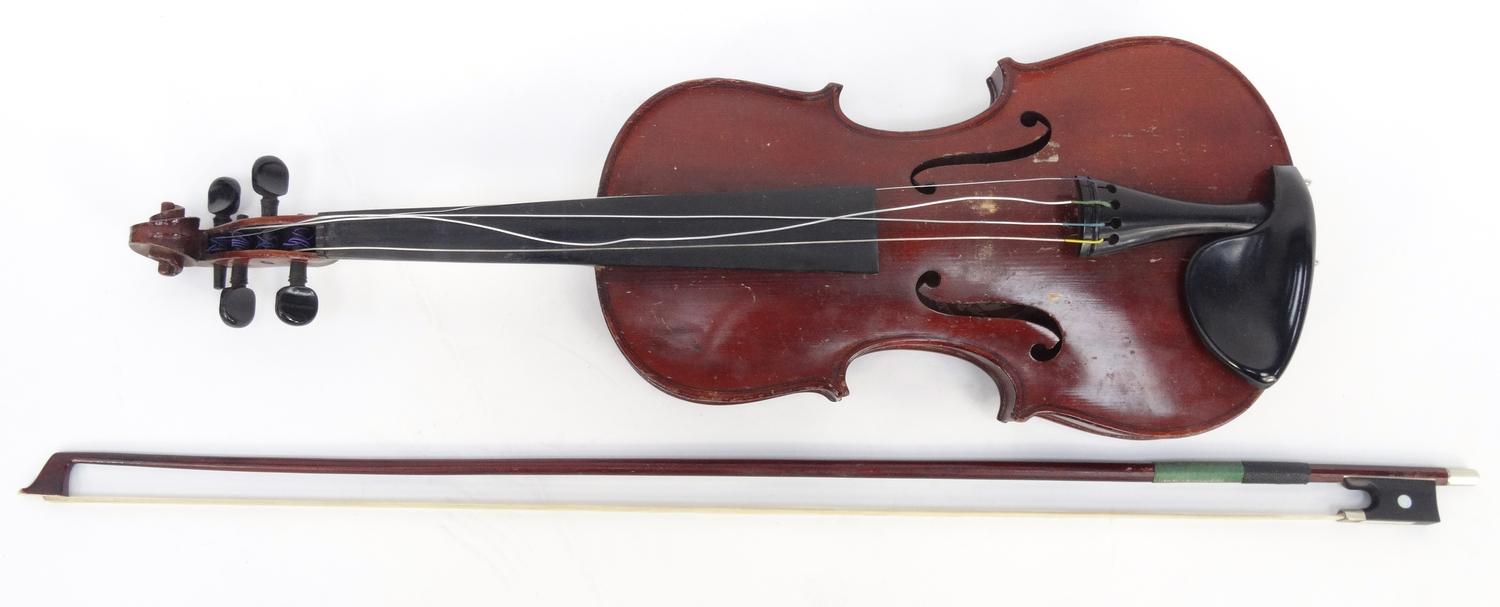 Old wooden violin, stamped John D. Murdoch & Co, with bow stamped 'Czechoslovakia'