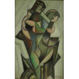 Oil onto paper abstract composition of a male and female embracing, bearing a signature A. Shearoby,