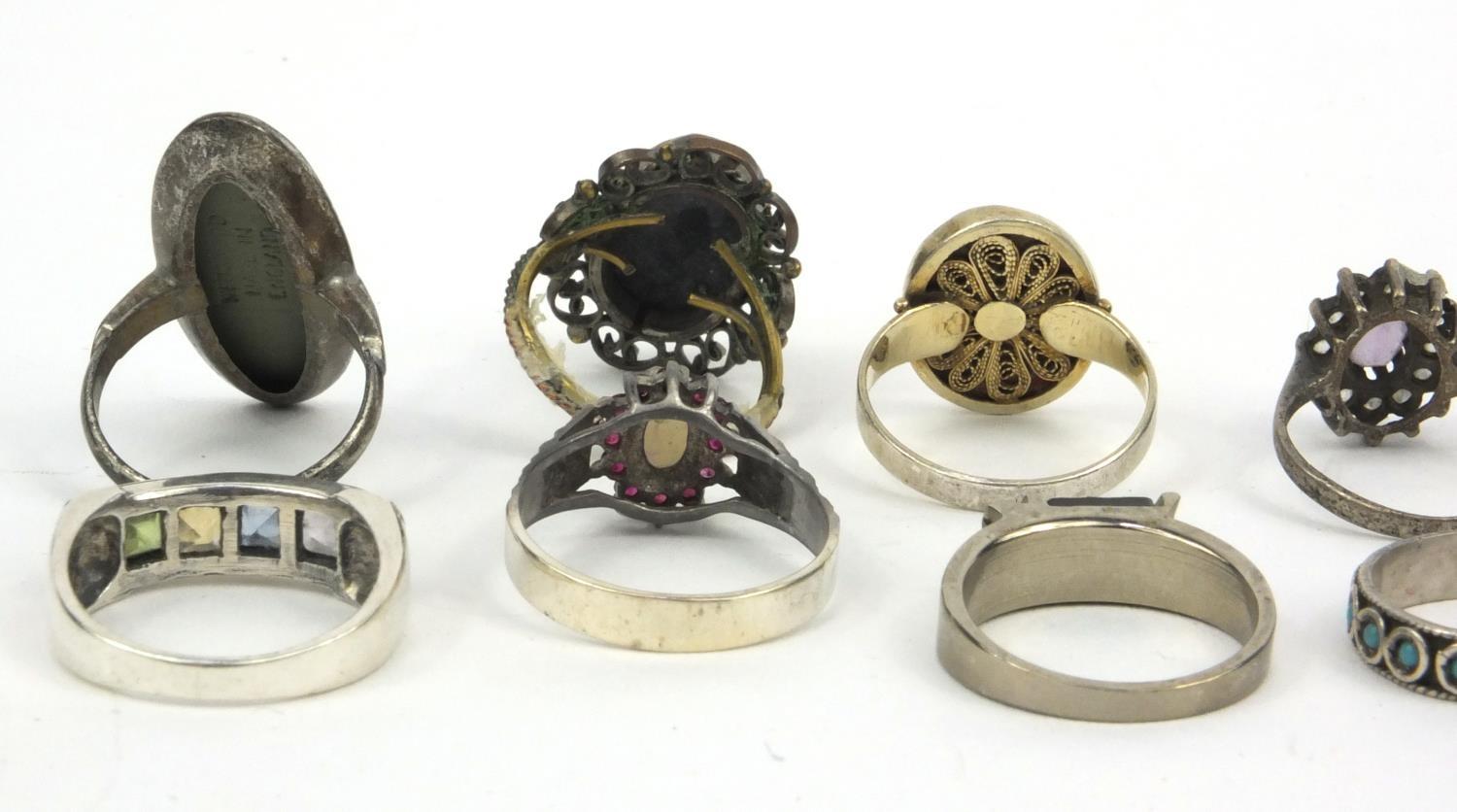 Collection of silver and white metal rings set with assorted stones, Wedgwood panels, etc, - Image 13 of 20