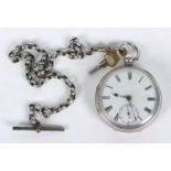 Adam Burdess silver gentleman's open faced pocket watch, 5cm diameter, on a white metal chain,