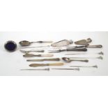 Silver and white metal items including Georgian and later flatware, silver plated meat skewers