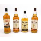 Four bottles of whisky - two 1l bottles of Bells, 1l The Famous Grouse and 70cl Teachers