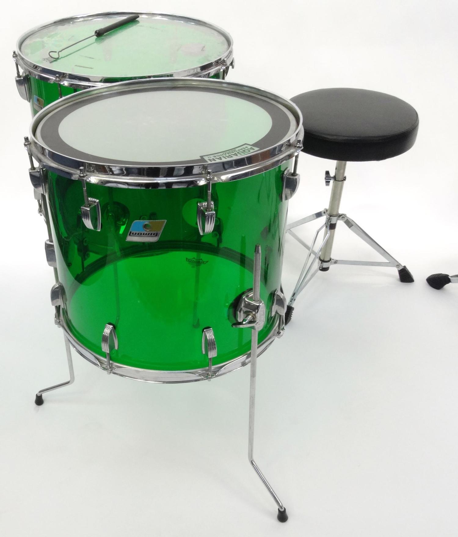 Five piece 1970s Ludwig green Vistalite drum kit comprising 22inch base drum, 12 and 14inch toms, 16 - Image 19 of 21