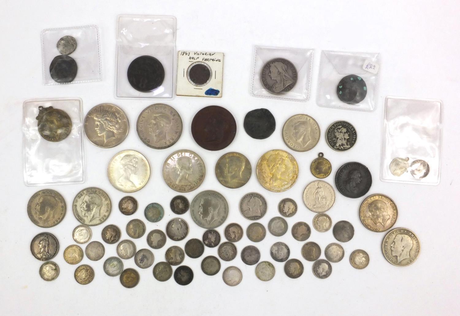 Group of antique and later coinage including some silver examples - half crowns, sixpences, Canadian