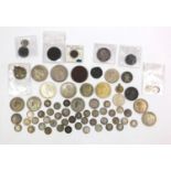Group of antique and later coinage including some silver examples - half crowns, sixpences, Canadian