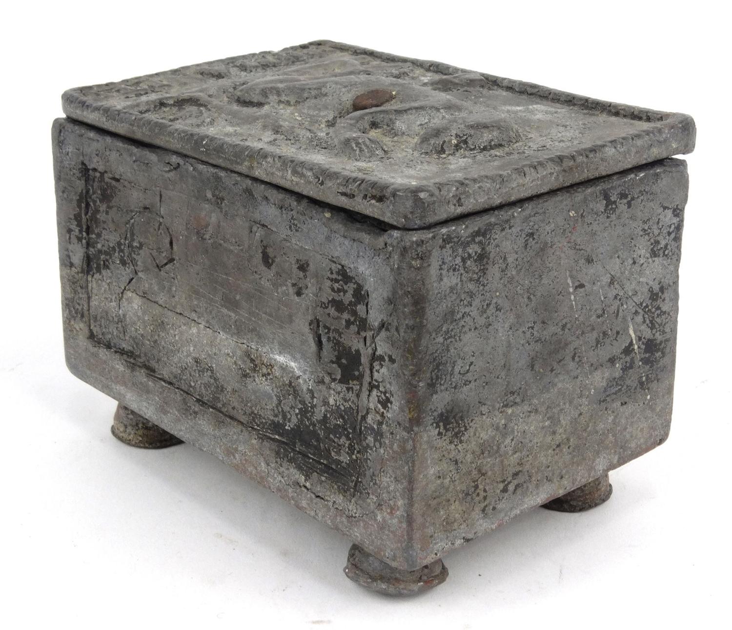 Antique lead slavery interest box, the top decorated with a man and marked 'Humanity', 13.5cm - Image 3 of 6