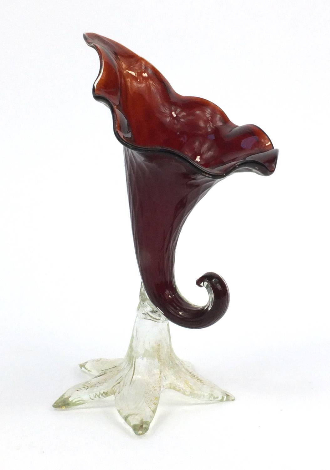 Clear and red glass cornucopia shaped vase, 26cm high Generally good condition, no chips or cracks - Image 2 of 7