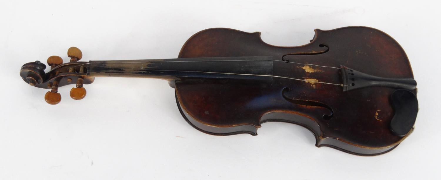 Old wooden violin and a bow with mother of pearl frog, the violin 59cm long - Image 3 of 20