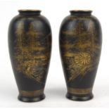 Pair of oriental Japanese Satsuma pottery vases hand painted with landscapes, character mark to base