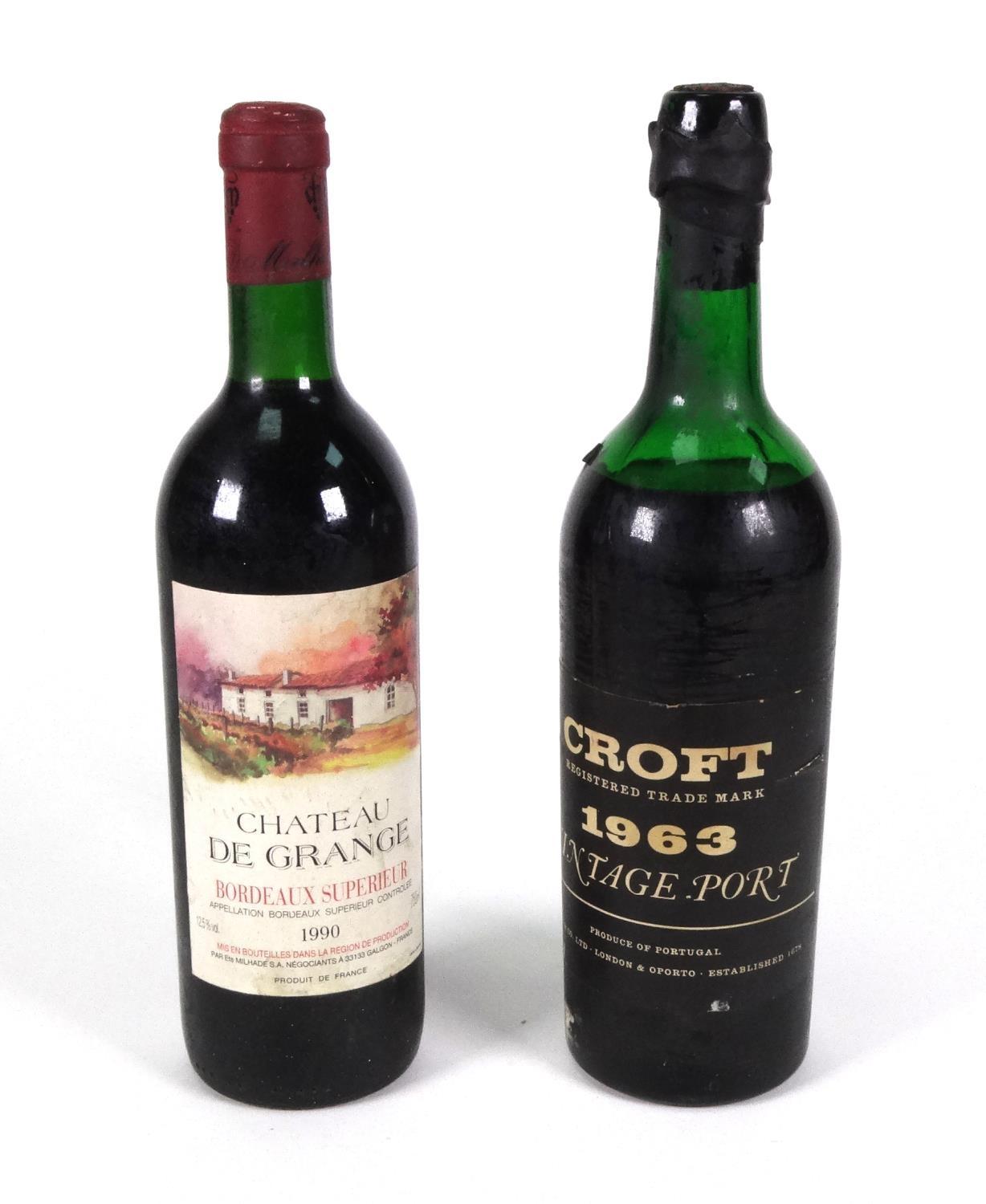 Bottle of 1990 Chateau de Grange red wine, together with a bottle of Croft 1963 vintage port