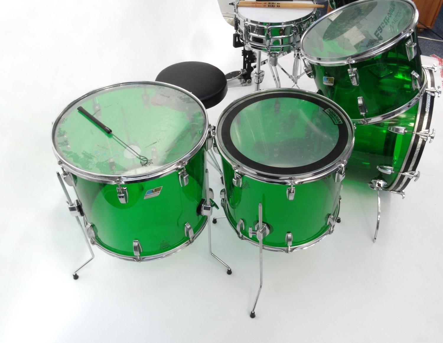 Five piece 1970s Ludwig green Vistalite drum kit comprising 22inch base drum, 12 and 14inch toms, 16 - Image 3 of 21