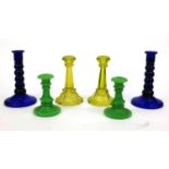 Pair of cobalt blue candlesticks, pair of Victorian yellow glass candlesticks, together with a