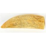 Antique scrimshaw whales tooth decorated with a tropical island, mountains, figures and boats,