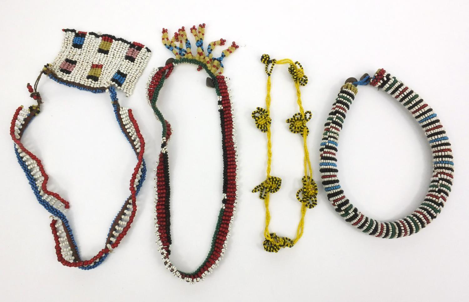 Four tribal beadwork necklaces, the largest 27cm long - Image 5 of 6