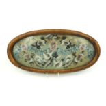 Victorian inlaid mahogany floral beadwork glass stand, 60cm diameter