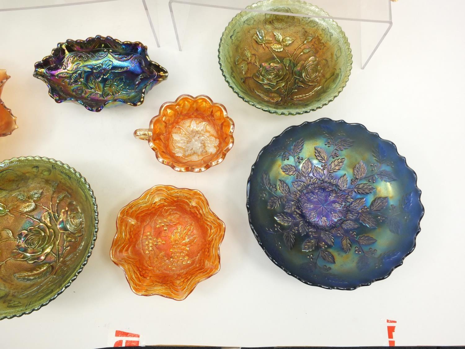 Collection of Carnival glass with floral decoration, predominantly bowls - Image 6 of 15