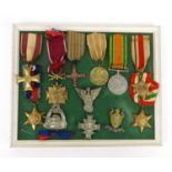 Selection of English and European military medals mounted onto board