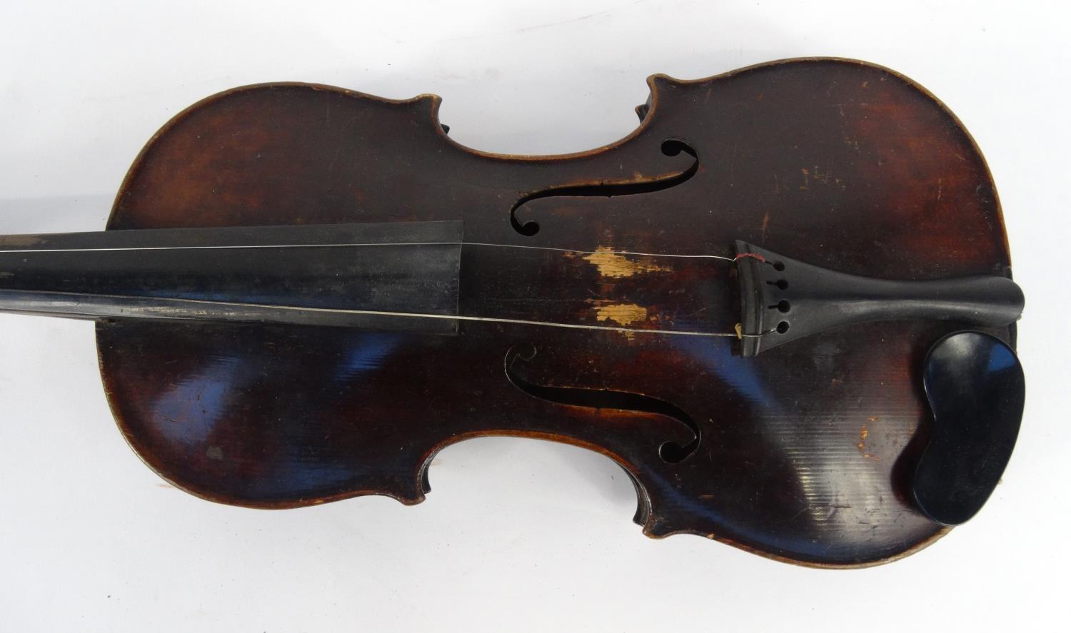 Old wooden violin and a bow with mother of pearl frog, the violin 59cm long - Image 5 of 20