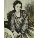 Gouache onto paper of a lady seated titled 'The Slender Lady', bearing a signature Gwen John,