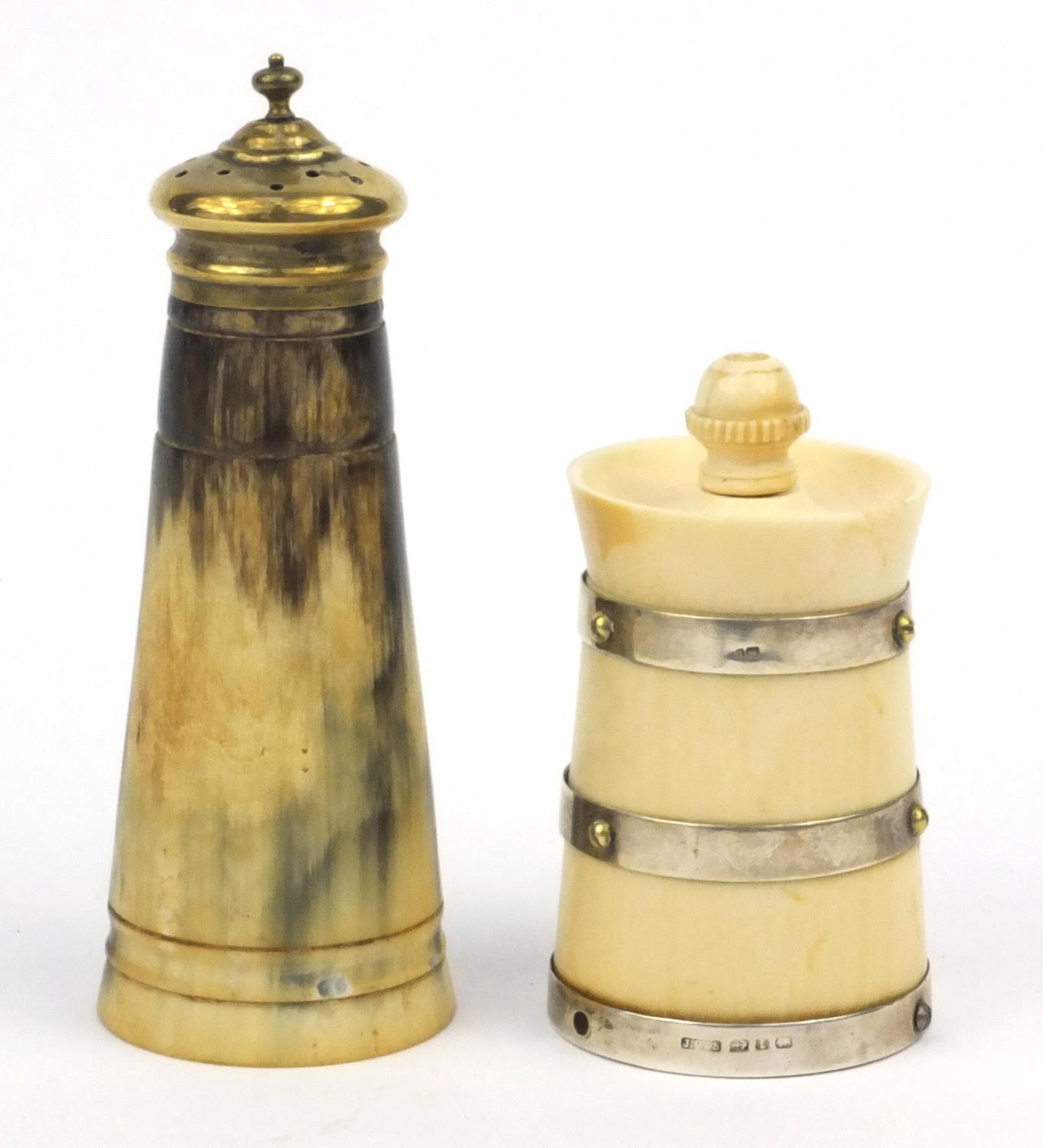 Ivory silver banded peppermill, Birmingham 1893, together with a horn pepperpot, the larger 12cm - Image 2 of 5