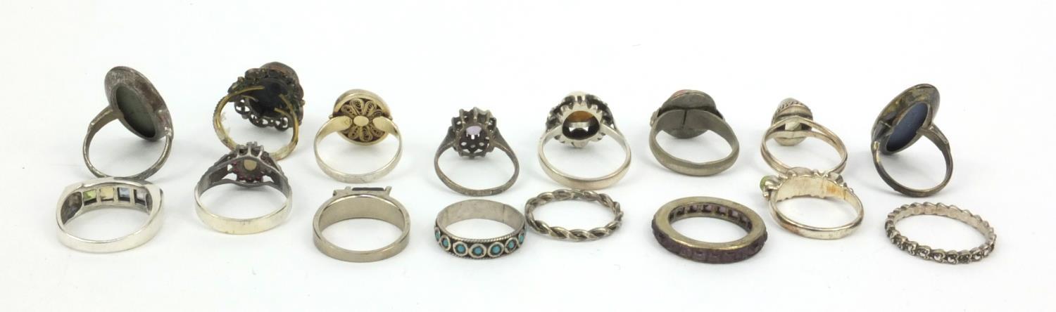 Collection of silver and white metal rings set with assorted stones, Wedgwood panels, etc, - Image 11 of 20