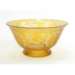 Bohemian amber flashed glass bowl etched with deer, 23cms in diameter