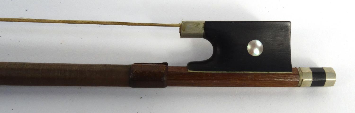 Old wooden violin and a bow with mother of pearl frog, the violin 59cm long - Image 18 of 20