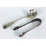 Victorian silver ladle and a pair of Georgian silver sugar tongs, the ladle 18.5cm long