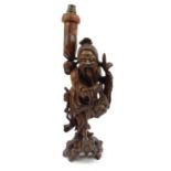 Oriental Chinese wooden carving of an elder, converted to a table lamp, 52cm high