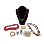 Vintage costume jewellery including Miriam Haskell necklace, glass bead necklace, Art Deco buckle,