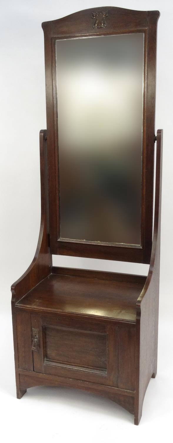 Arts and crafts oak hall mirror with brass plaque and cupboard base, 180cm high x 61cm wide x 43cm
