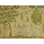 Antique silkwork of a Continental religious scene, Rowley label to the reverse, framed, 35cm x