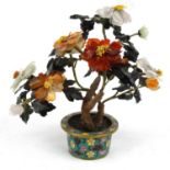 Oriental Chinese cloisonné plant pot inset with hardstone flowers, 26cm high