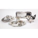 Group of silver plated items including Hukin & Heath tray, entrée dish, teapot, etc