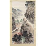 Songyan Qian'Zixi Wei Chinese coloured scroll with views of figures walking up a mountain, signed